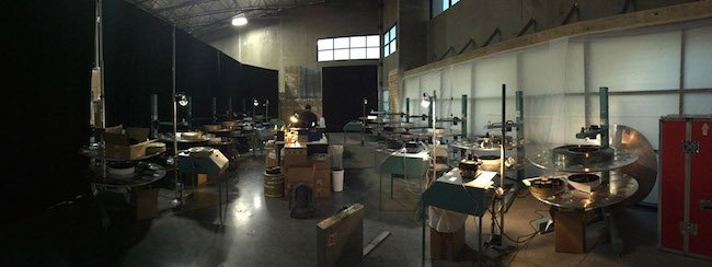 Boston Light & Sound’s assembly area for its roadshow platters. The actual platter and film weighs about 250 pounds, though the shipping weight is 400 pounds.