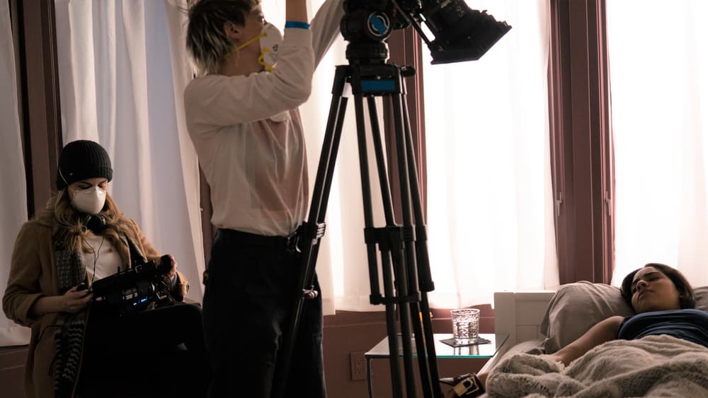 Lifetime movie You're Not Safe Here of director Rachel Annette Helson (L,) camera operator Danielle Elise Bartley (Middle) and lead actress Haskiri Velazquez (R) as they shoot a scene