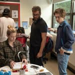 Lili Reinhart as Grace Town, Director Richard Tanne, and Austin Abrams as Henry Page behind the scenes on the set of CHEMICAL HEARTS