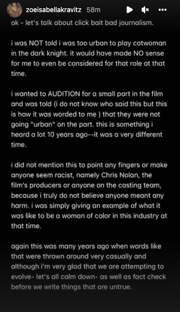 Zoe Kravitz IG story The Dark Knight Rises urban comments