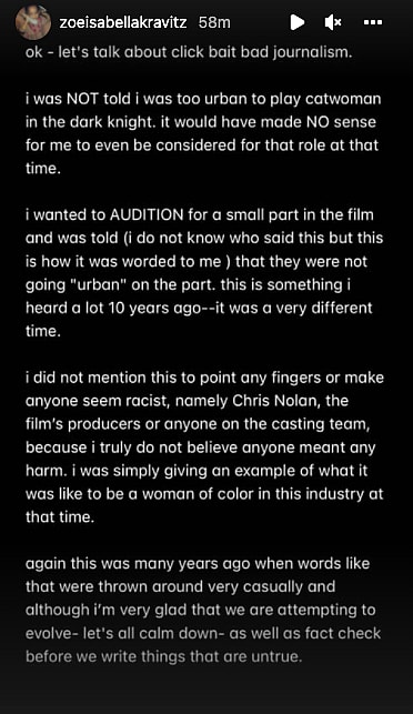 Zoe Kravitz IG story The Dark Knight Rises urban comments