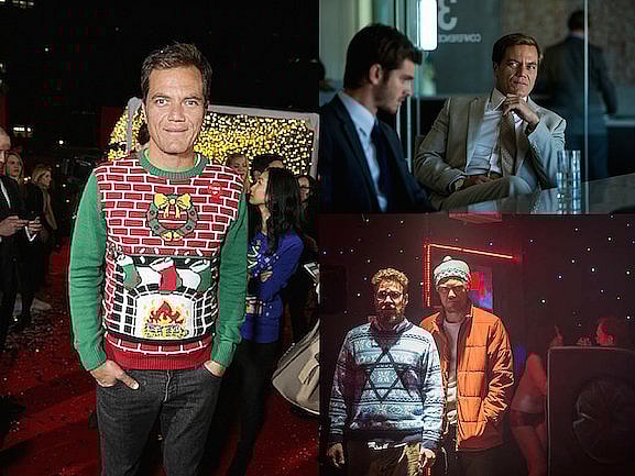 (Clockwise L-R) “I Light Up:” Shannon at the Los Angeles premiere of The Night Before, November 2015. Andrew Garfield plays victim then disciple to Shannon’s Machiavellian real-estate broker in 99 Homes. Shannon, here with Seth Rogen, plays with his tough guy image in the comedy The Night Before. 