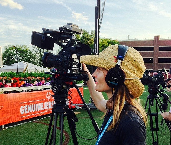 Laela Kilbourn on location shooting the documentary Swim Team with her Canon EOS C300.