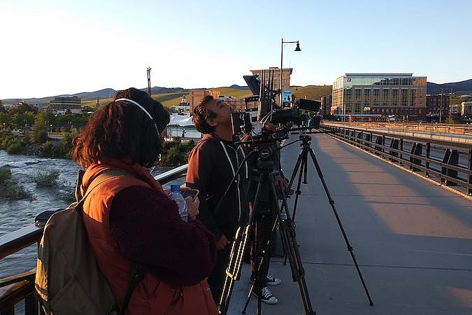 Director Vera Brunner-Sung, DP Ki Jin Kim and 2nd AC Touchaing Yang shoot the feature film Bitterroot in Missoula, Montana, one of MovieMaker Magazine's Best Places to Live and Work as a MovieMaker, 2023