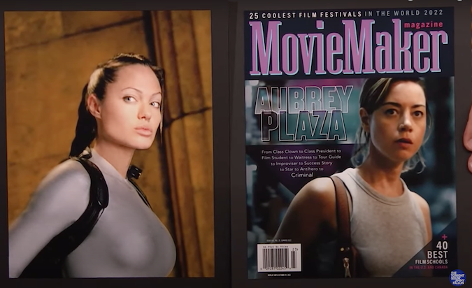 Aubrey Plaza and Jimmy Fallon notice she looks like Lara Croft, aka Tom Raider, on the new cover of Moviemaker