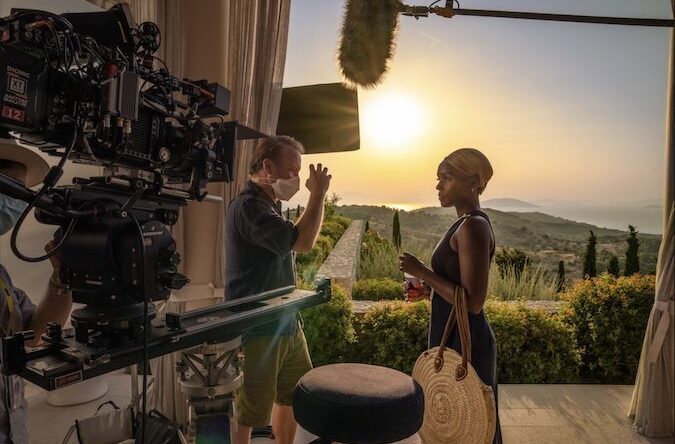 Rian Johnson and Janelle Monae shooting Glass Onion a Knives Out Mystery; Ana de Armas and the ghost of Marilyn Monroe