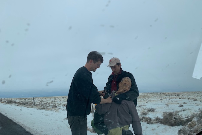 Jethica director Pete Ohs and actor Andy Faulkner prepare a dummy in Jethica. Photo by Callie Hernandez.