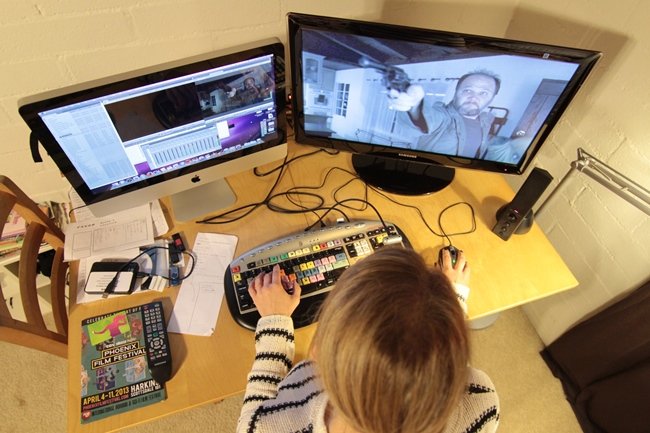 Leslie Wimmer Osborne (the writer's wife and editor) cuts the trailer for their feature Favor