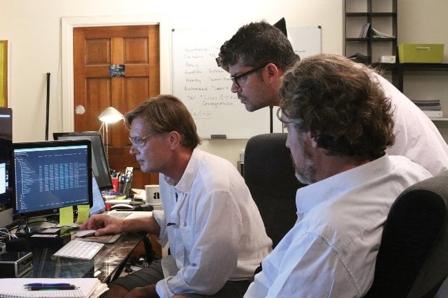 Director Andrew Wakefield (left), Editor Brian Burrows (middle), and Producer Del Bigtree (Right) review the data from the CDC Autism/MMR study. Photograph by Andrew Debosz